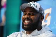 Fletcher Cox of the Philadelphia Eagles speaks to the media during Super Bowl Media Day at Xcel Energy Center on January 29, 2018 in St Paul,...